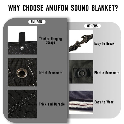 Comparison image highlighting features of Heavy Duty Sound Dampening Blankets For Home Studio Delivering Hella Effective Noise Blocking Acoustic Coverage.