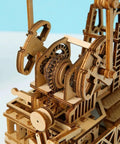 Close-up of 3D Wooden Oil Derrick Model Kit For Adults, showcasing detailed gears and wood construction.