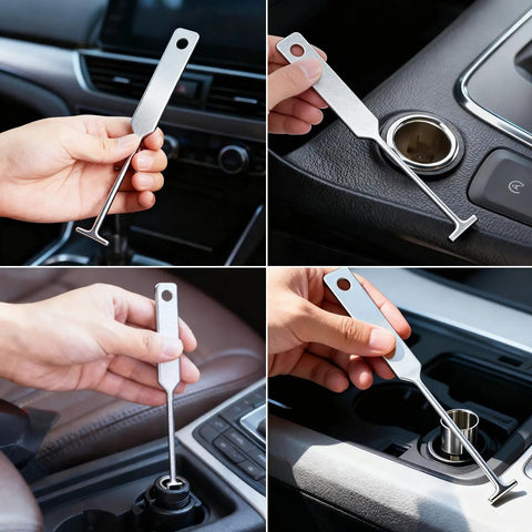 Universal Lighter Socket Removal Tool For Cars And Trucks in use, showcased removing cigarette lighter socket from car console.