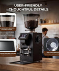 Pro Commercial Coffee Grinder With 64mm Flat Burr And Smart Touch Screen Weight Based Dosing For Espresso Brewing featuring a large bean hopper.