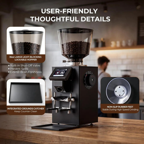 Pro Commercial Coffee Grinder With 64mm Flat Burr And Smart Touch Screen Weight Based Dosing For Espresso Brewing featuring a large bean hopper.