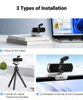 Full HD 1080P Webcam with dual noise-canceling mics showing three installation types: tabletop, tripod, and computer top.