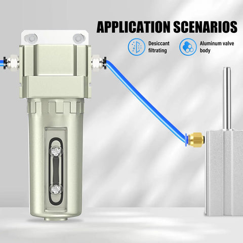Top Shelf Three Quarter Inch Npt Industrial Air Desiccant Dryer featuring Rapid Moisture Extraction Core with aluminum body and blue tubing.