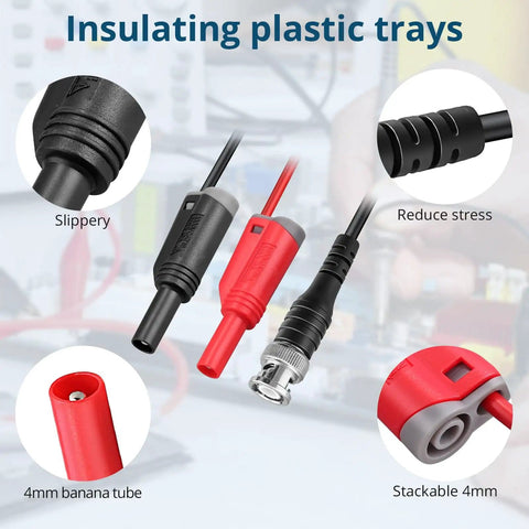 Automotive Oscilloscope Probe Kit With 20 To 1 Attenuator Back Probe Pins And 3M BNC To Banana Cable showing connectors and features.