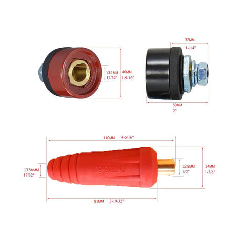 315Amp Dinse Style TIG Welding Cable Panel Connector Plug And Socket Set DKJ35-50 DKZ35-50 black and red fittings