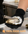 Cut Resistant Gloves With Stainless Steel Wire Core For Pro Grade Food Prep Level 5 Protection, shown shucking oysters.