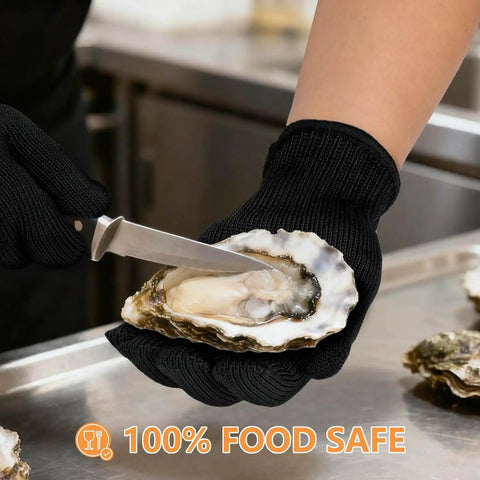 Cut Resistant Gloves With Stainless Steel Wire Core For Pro Grade Food Prep Level 5 Protection, shown shucking oysters.