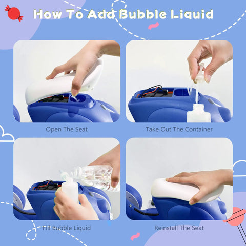Steps to add bubble liquid to 6V Electric Baby Balance Bike With Bubble Machine, 4 In 1 Toddler Ride On With Remote Control