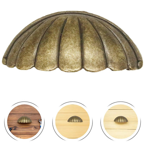 Vintage Shell Cabinet Pulls 4 Pack Antique Bronze Finish Heavy Duty Cup Handle on wood background, 2.96 inches wide.