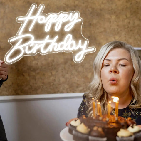 LED Neon Happy Birthday Sign Night Light For Party Backdrops And Bedroom Wall Decor, USB Powered White Glow, woman blowing candles