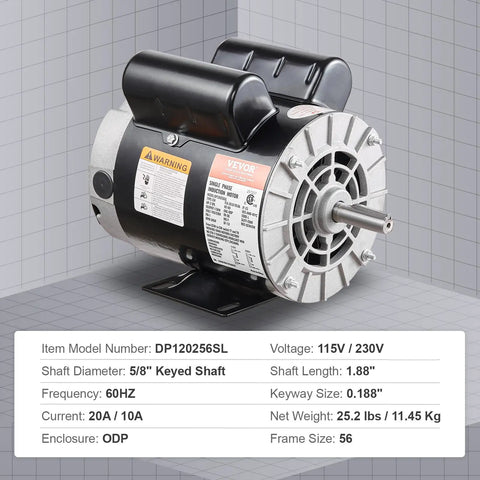Beefed Up 2HP Single Phase Air Compressor Motor 115/230V 20/10A Open Drip Proof 56 Frame 3450RPM 5/8 Inch Keyed Shaft