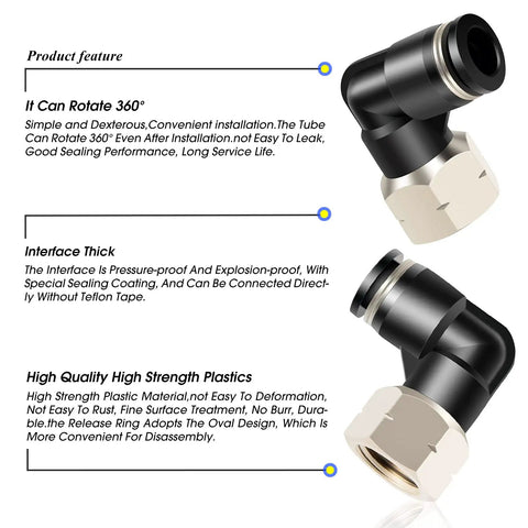 Female Elbow Push To Connect Fittings For Pneumatic Air Lines One Quarter Inch Tube Outer Diameter By Three Eighth Inch NPT Thread 90 Degree Copper And Plastic Body Built For Quick No Sweat Install Pack Of Ten image showing two fittings with black plastic and copper design, highlighting rotational capability and durability features.