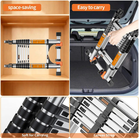 Heavy-Duty Telescoping A-Frame Ladder 12.5 Ft With Dual Locks, Triangular Stabilizers, And 330 Lb Capacity, Wobble-Free Anti-Slip Rungs, Reinforced Feet For Steady Home And Pro Jobs, folded in cabinet and car trunk