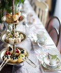 Tiered tray with desserts served alongside Six Piece Mini Ice Tongs Set 4.25 Inch Stainless Steel Tiny Serving Tongs at a tea party.