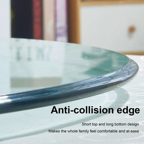 Thick Tempered Glass Lazy Susan Turntable For Parties And Weddings Straight Up Smooth 360 Degree Rotating Serving Tray With Silent Swivel Base close-up view of anti-collision edge design.