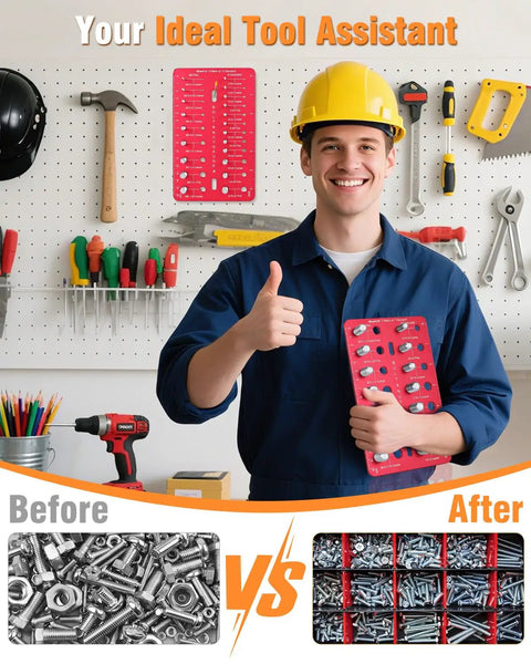 Nut And Bolt Thread Checker Kit With 35 Size Gauge Identifies 16 Metric And 25 Standard Thread Sizes held by worker in tool shop