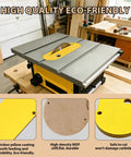 Zero Clearance Insert Throat Plate Set (3-Pack) on table saw with eco-friendly MDF, yellow coating for tear-out free woodworking.