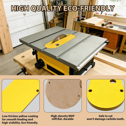Zero Clearance Insert Throat Plate Set (3-Pack) on table saw with eco-friendly MDF, yellow coating for tear-out free woodworking.