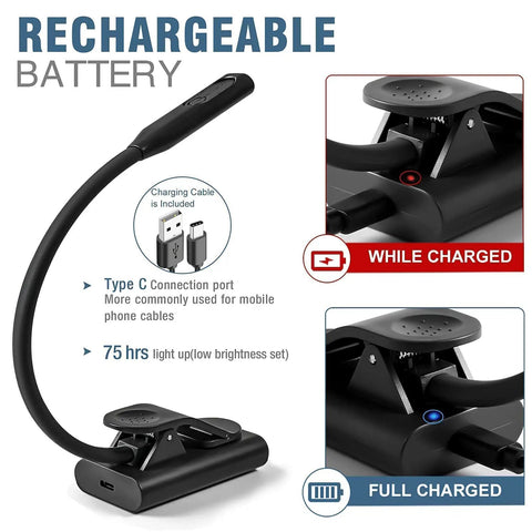 Rechargeable USB C Book Light With Three Color Temperatures And Three Brightness Levels For Cozy Bedtime Reading, Eye Caring LED, Up To 75 Hours On One Charge, Great For Readers And Travelers showing charging and charged states.