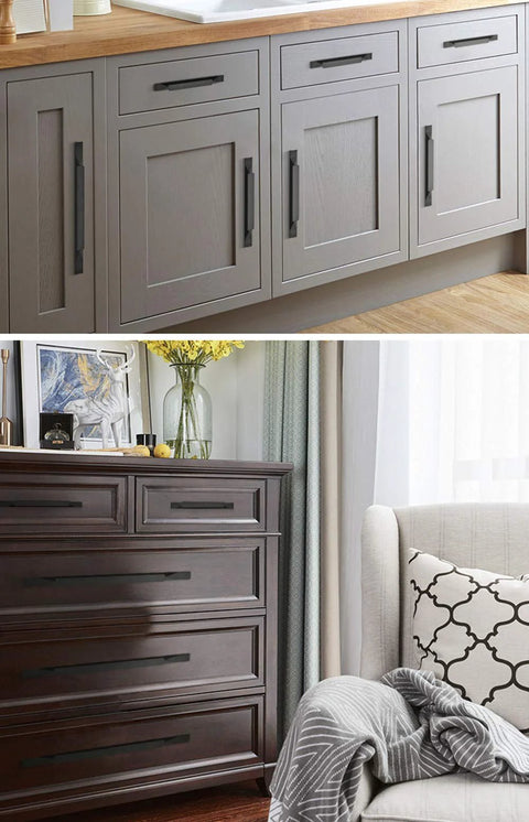 Black Cabinet Pulls 5 Pack Long 7.87 Inch Length With 5.04 Inch Center To Center Hole installed on kitchen cabinets and dresser