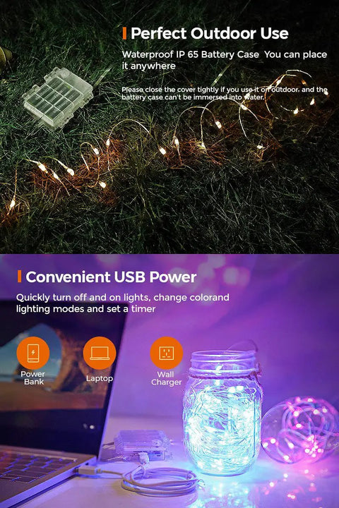 16.5Ft 50 LEDs Colorful Fairy String Lights With 132 Modes, Battery Operated And USB Powered showing waterproof and USB use