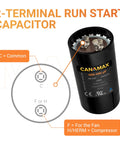 400 To 480 uF Round Motor Start Capacitor 165 VAC For Single Phase AC Motors Fifty Or Sixty Hertz Reliable Start Assist For Condensers Straight Cool Or Heat Pump Air Conditioners with diagram showing 2-terminal connections, labeled 'C' for Common and 'F or H' for Fan/Compressor applications.