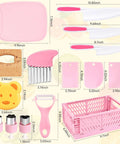 Toddler kitchen tool set toy with pink cutting board, kid-safe plastic knives, wooden slicer, cheese grater.