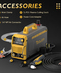 Beast 50A Dual Voltage Plasma Cutter With LCD Display and accessories including air hose and cutting torch.
