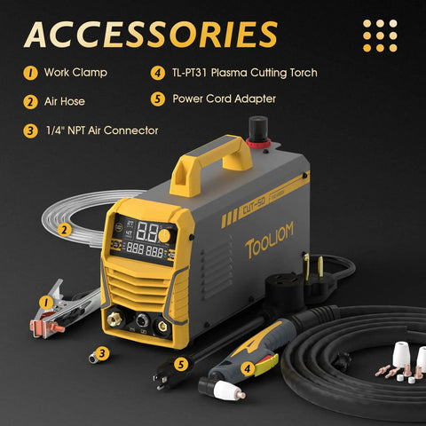 Beast 50A Dual Voltage Plasma Cutter With LCD Display and accessories including air hose and cutting torch.