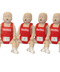 Pro Level CPR And AED Training Kit Featuring Four Adult And Four Infant Manikins With Real Feedback Plus Set With Masks Lung Bags Kneeling Mats And Carry Bag For Swift Drills And No Sweat Practice - Four infant manikins in red vests.