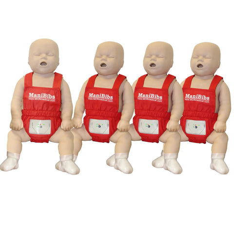 Pro Level CPR And AED Training Kit Featuring Four Adult And Four Infant Manikins With Real Feedback Plus Set With Masks Lung Bags Kneeling Mats And Carry Bag For Swift Drills And No Sweat Practice - Four infant manikins in red vests.