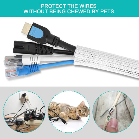 20ft Braided Cable Sleeve 0.8 Inch Diameter For Desk PC TV And Home Office Self Wrap Wire Protector With Chew-Resistant Feature