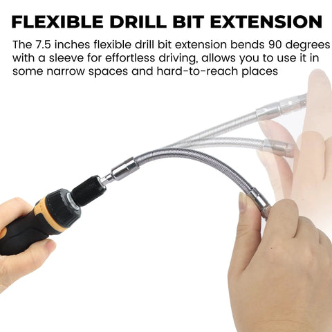 Flexible drill bit extension from 63 Piece Magnetic Ratcheting Screwdriver Bit Set being bent for tight spaces.