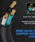 Close-up of Beefy 100 Ft Heavy Duty Outdoor Extension Cord inner PVC layers showcasing copper wire core, 12/3 12AWG SJTW.