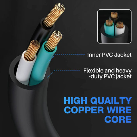 Close-up of Beefy 100 Ft Heavy Duty Outdoor Extension Cord inner PVC layers showcasing copper wire core, 12/3 12AWG SJTW.