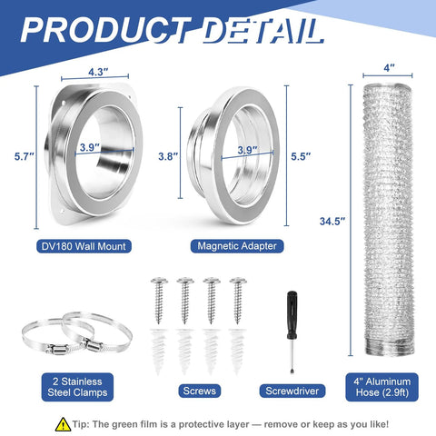 Amazon magnetic dryer vent kit front view with DV180 wall mount magnetic adapter, 4-in aluminum duct, clamps and screws