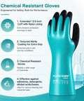 Grind Ready Reusable Nitrile Chemical Work Gloves With Soft Nylon Lining And Black Sandy Non Slip Grip For Serious Acid Alkali Oil Protection On Auto Shop Jobsites X Large displayed on a hand with features highlighted.