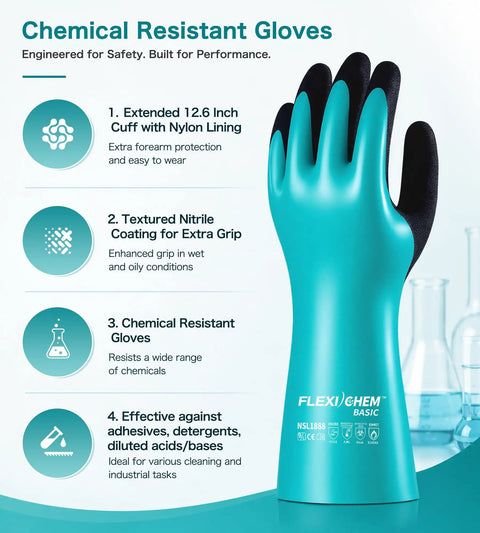 Grind Ready Reusable Nitrile Chemical Work Gloves With Soft Nylon Lining And Black Sandy Non Slip Grip For Serious Acid Alkali Oil Protection On Auto Shop Jobsites X Large displayed on a hand with features highlighted.