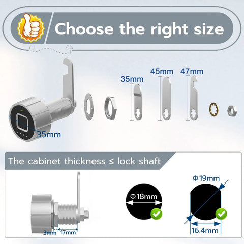 Heavy Duty Biometric Cabinet Lock With Bluetooth Digital Keyless Entry For Metal Storage with size options and fitting instructions.