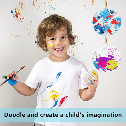 Child painting with 12 Pack Ceramic Ornament Blanks For Sublimation DIY Crafts, featuring colorful abstract designs.