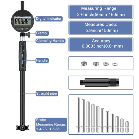 Digital Dial Indicator Bore Gauge 2 to 6 Inch With 0.0005 Inch Precision Engine Cylinder Measurement Carbide Anvils Black Finish
