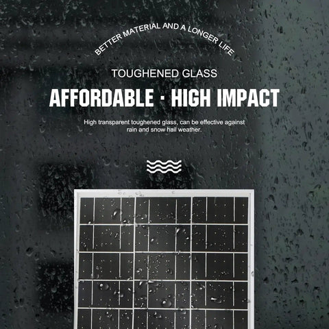 Close-up of 25W 18V Monocrystalline Solar Panel Waterproof For Charging 12V Batteries with raindrops on toughened glass surface