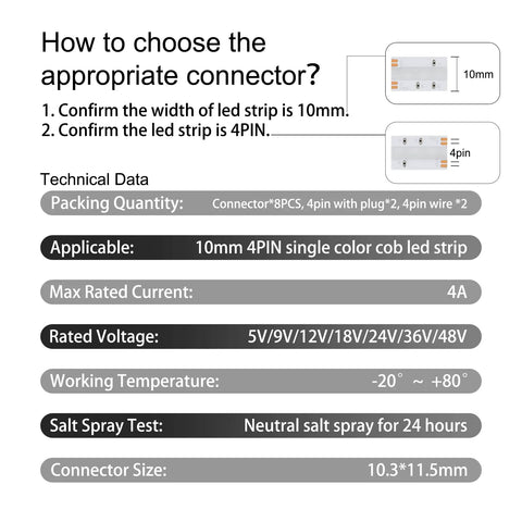 Technical specifications of 10 Pack 4 Pin Transparent COB Connectors For RGB LED Strips Solderless Connection With 15cm Wires