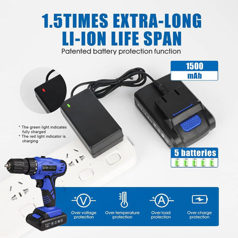 21V Cordless Drill Kit With 350 In-Lb Torque And 0-1350 RPM Variable Speed shown with battery and charger