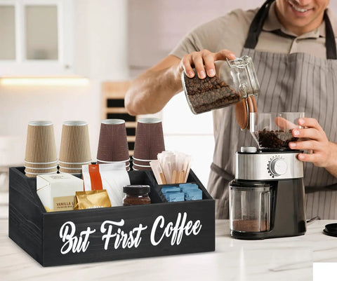 Solid Wood Coffee Station Organizer for Countertop and Bar Setup No Fuss Holder for Coffee Pods Storage Basket Black Finish