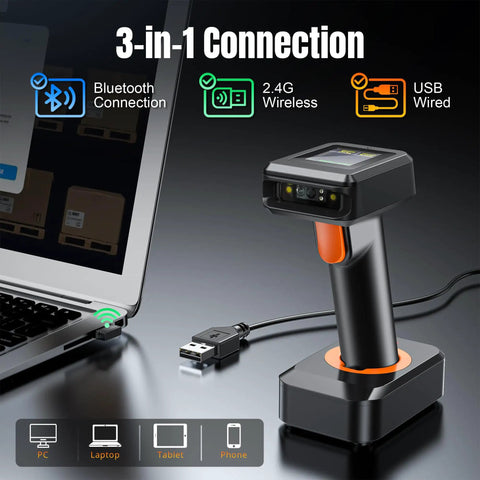 Wireless 1D And 2D QR Barcode Scanner With Display Screen Battery Level Indicator Time Display Bluetooth And Charging Cradle Base