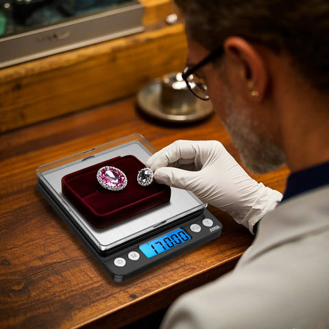 Man using Pocket Digital Kitchen Scale For Jewelry And Cooking, 500g Capacity With 0.01g Precision, measuring gemstone weights.