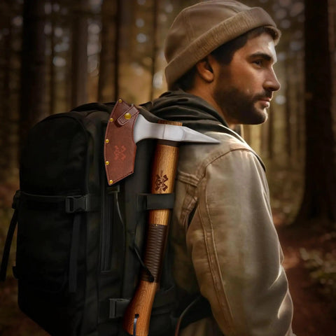 15 Inch Survival Axe For Camping And Bushcraft With Forged High Carbon Steel Blade on backpack in forest setting