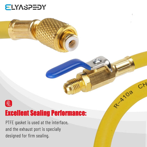 1/4-inch ID hose adapter with blue lever shutoff and brass fittings, ELYASPEED on yellow hose
