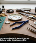 Pro Grade Watch Spring Bar Tool Kit With Tweezers And Bracelet Link Remover For Newbies And Pros on a workbench.